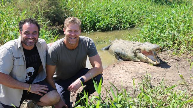 Dr Chris Brown and Miguel Maestre will make an appearance, arriving via airboat, to feed crocodiles in the Top End. Picture: Supplied.