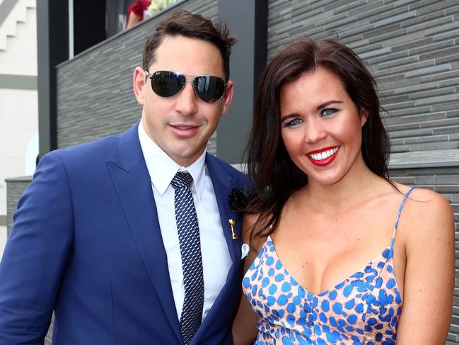 Billy and Nicole Slater in the Birdcage at Flemington Racecourse during the Melbourne Cup.