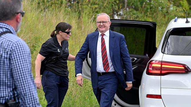 Anthony Albanese arrives in Gympie for a Bruce Highway announcement on day one of his first campaign tour of 2025 on Monday. Picture: NewsWire / John Gass