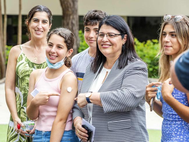 Education Minister Grace Grace at the Cavendish Road State High School pop-up vaccine clinic. Picture: Richard Walker