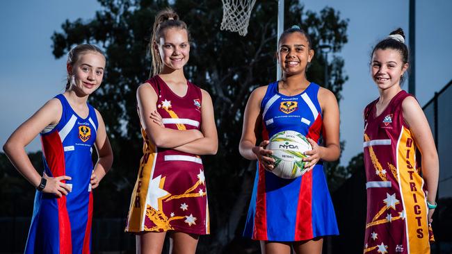 Briteny Stuart (Playford), Lucy Jenkins (Gawler), Nazaria Coleman (Playford) and Marley Koen (Gawler) get set for the School Sport SA Sapsasa State netball carnivals, to be live streamed by The Advertiser. Picture: Tom Huntley