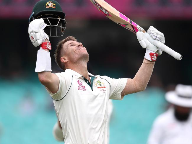 Australia's David Warner celebrates his century. Picture. Phil Hillyard