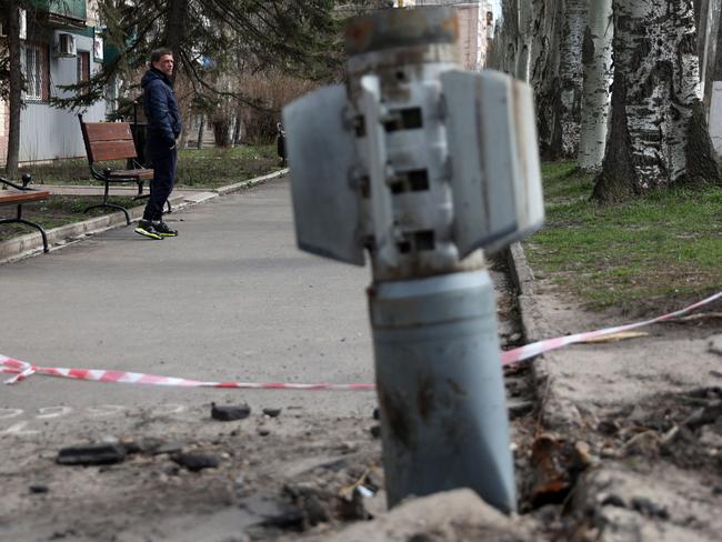 An unexploded tail section of a 300mm rocket that appeared to contained cluster bombs launched from a rocket launcher in the Luhansk region. Picture: AFP