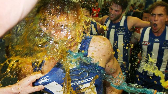 Cameron Zurhaar gets a gatorade shower after playing in his first win. Picture: Michael Klein