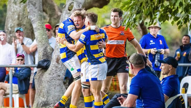 Easts celebrate the George Blomfield try. Picture: Richard Walker