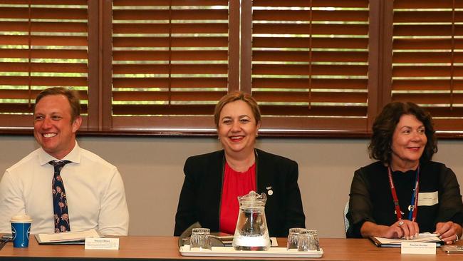 Now Premier Steven Miles, the- premier Anastasia Palaszczuk and Rachel Hunter during a housing shortage round table discussion at Queensland parliament in Brisbane. Picture: NCA NewsWire / Glenn Campbell