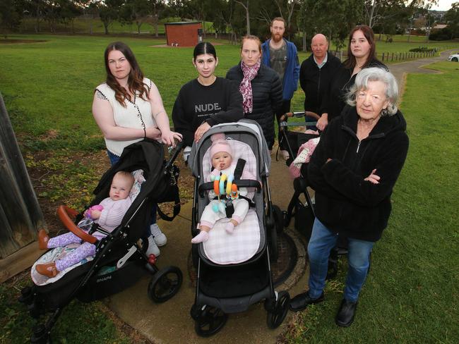 Phoebe Thompson, Jess Bennett, Kylie, Dave Favetta, Stephen Salter, Hannah Dodds, Janice Salter where the footpath suddenly stops. Hannah Dodds and fellow Grovedale residents are concerned about the lack of footpaths on the Heyers Rd end of Coolabah Drive leading down the hill to Coolabah Park and Waurn Ponds. Picture: Alan Barber