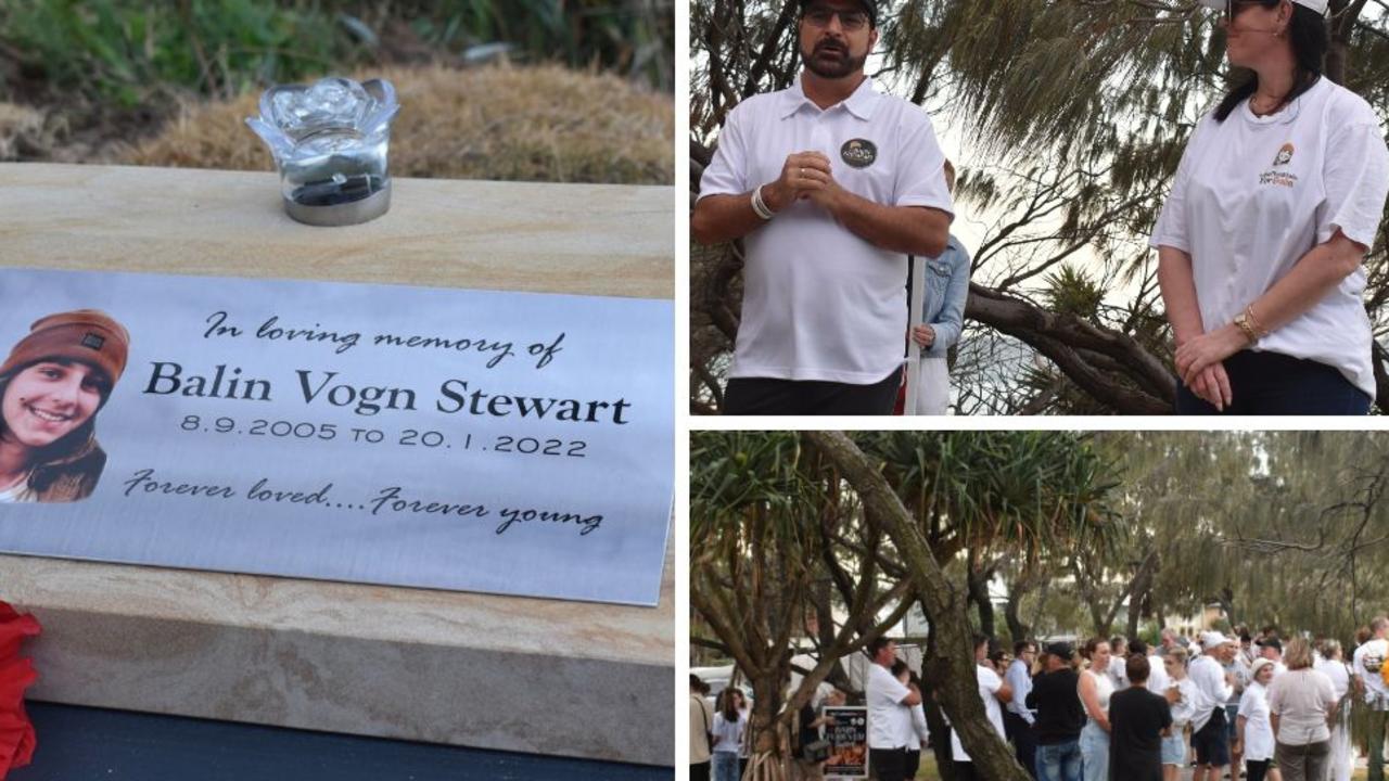 A permanent memorial to slain Sunshine Coast teen Balin Stewart has been unveiled in front of dozens of loved ones, after negotiations with council to have something established in his memory.