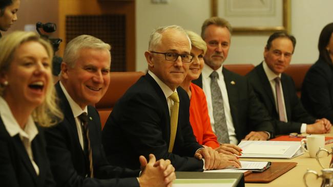 Deputy PM Michael McCormack,  PM Malcolm Turnbull and Foreign Affairs Minister Julie Bishop at a Cabinet meeting at Parliament House in Canberra. Picture Kym Smith