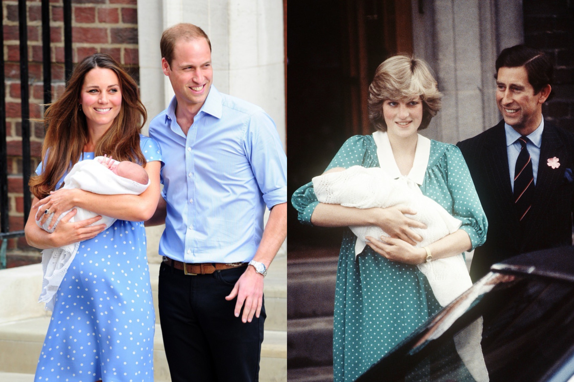 <h2>Princess Kate (2013) and Princess Diana (1982)</h2><p>When the Duchess of Cambridge stepped out onto the Lindo Wing steps outside St. Mary's hospital, many observers were quick to point out her subtle tribute to Princess Diana. When Kate's mother-in-law had given birth to her first son, Prince William, she wore a polka-dotted teal frock. It was this pattern the Duchess chose for her own debut, introducing Prince George to the world.</p>