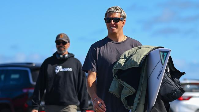 Cole Houshmand, right, of the United States arrives during the 2024 Rip Curl Pro Bells Beach on Wednesday. Picture: Morgan Hancock/Getty Images