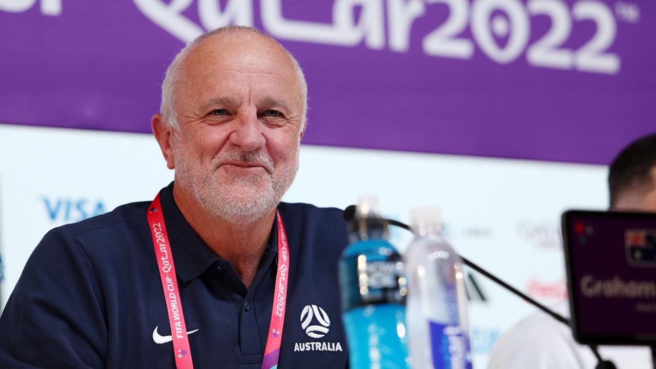 DOHA, QATAR - NOVEMBER 21: Graham Arnold, Head Coach of Australia, reacts during Australia match day -1 Press Conference at Main Media Center on November 21, 2022 in Doha, Qatar. (Photo by Mohamed Farag/Getty Images)