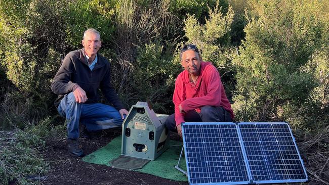 Andrew Cox (Invasive Species Council) and Andry Sculthorpe (Tasmanian Aboriginal Centre) deploying one of the Felixers. Picture: Supplied