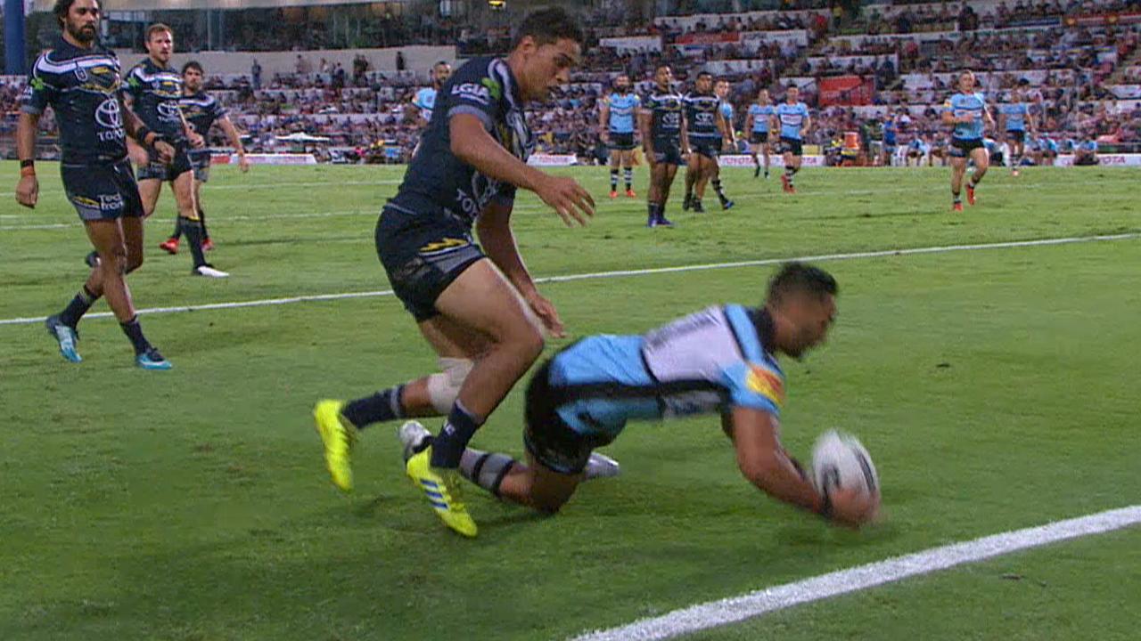 Briton Nikora touches down for Cronulla after catching Te Maire Martin napping.