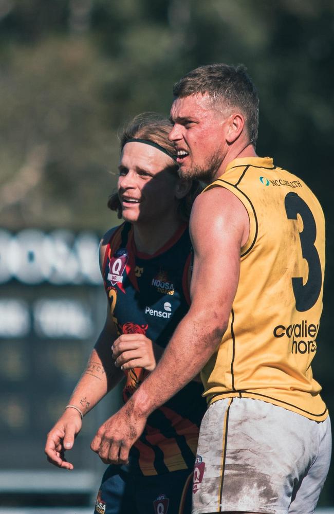 Labrador QAFL player Tom Simpson next to Noosa’s Will O’Dwyer. Picture: Facebook