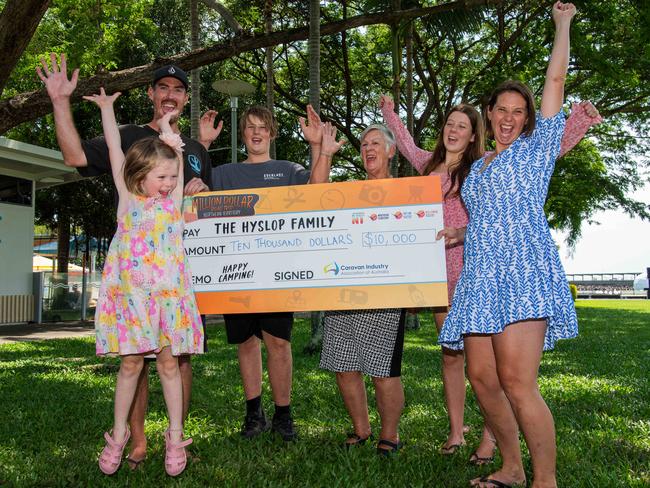 Bec Hyslop, Flynn Hyslop, Jill Hyslop, Tully Hyslop, Lonnie Hyslop and Quinn Hyslop have been announced as the $10,000 winners of the NT Million Road Trip. Picture: Pema Tamang Pakhrin