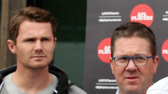 AFL Players’ Association president Patrick Dangerfield, left, and union chief executive Paul Marsh are under greater pressure to take the seal off AFL drug test results after former St Kilda captain Nick Riewoldt’s strong claims on illicit drug use being “out of control” among league players. Picture: Alison Wynd