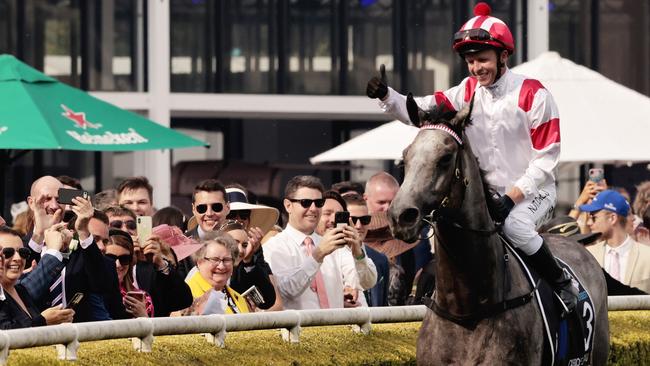 Kerrin McEvoy celebrates with the crowd after winning The Everest on Classique Legend. Picture: Getty Images