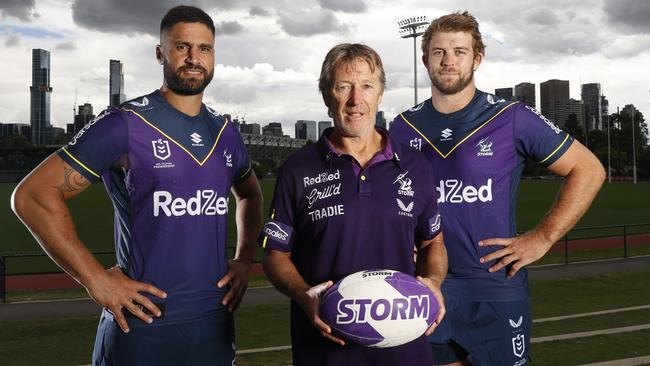 Storm coach Craig Bellamy flanked by Melbourne co-captains Jesse Bromwich and Christian Welch. Picture: Alex Coppel.