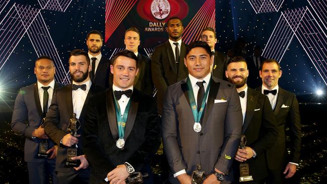 Team of the year Joseph Leilua, James Tedesco, Jesse Bromwich, James Maloney, top try scocer Suliasi Vunivalu ,top point scorer Jarrod Croker, Josh Mansour, Cameron Smith with Dally M winners Cooper Cronk and Jason Taumalolo. Picture: Gregg Porteous