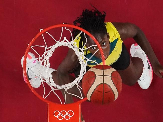 Australia's Ezi Magbegor looks for a rebound against the US on Wednesday. Picture: AFP