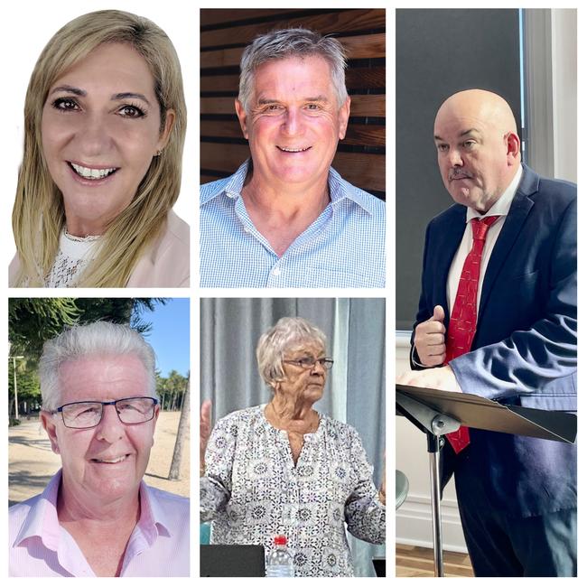 Whitsunday Regional Council 2022 mayoral by-election candidates. Julie Hall (top left), Phil Batty (bottom left), Al Grundy (top right), Jan Clifford (bottom right) and Mike Brunker (right). Not shown: Peter J Hood. Other candidates may emerge in the coming days. Picture: Contributed