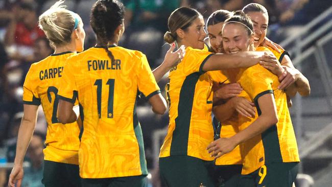 SAN ANTONIO, TX - APRIL 7: Caitlin Ford #9 of Australia celebrates her goal against Mexico in the second half at Toyota field on April 7, 2024 in San Antonio, Texas.   Ronald Cortes/Getty Images/AFP (Photo by Ronald Cortes / GETTY IMAGES NORTH AMERICA / Getty Images via AFP)