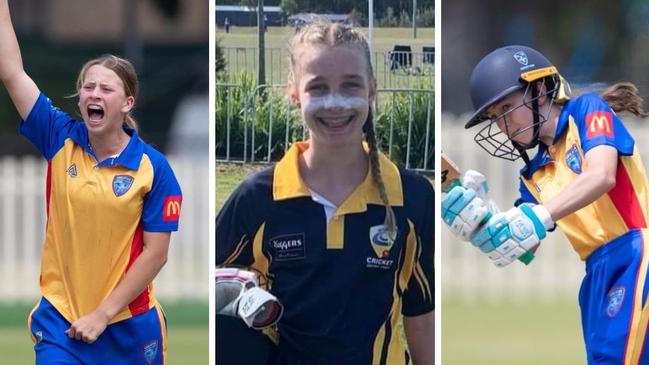 Under 15 representative cricketers Caoimhe Bray, Ava Drury and Felicity Wharton ahead of the 2022/23 Margaret Peden Shield.