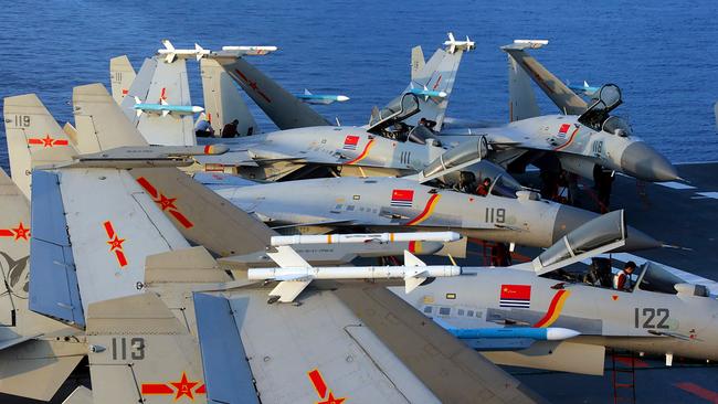 J-15 fighter jets are seen on China's operational aircraft carrier, the Liaoning. Picture: AFP