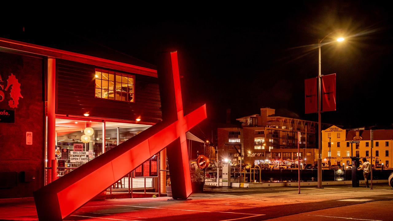 Crosses on the Hobart waterfront as part of Dark Mofo. Picture: DarkLab