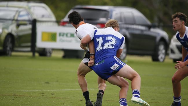 Lleyton Moore defending for the North Coast Bulldogs against the Macarthur Wests Tigers during round two of the Laurie Daley Cup at Kirkham Oval, Camden, 10 February 2024. Picture: Warren Gannon Photography