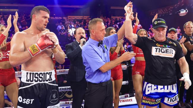 Paul Gallen wins his fight against Darcy Lussick. Photo by Mark Evans/Getty Images