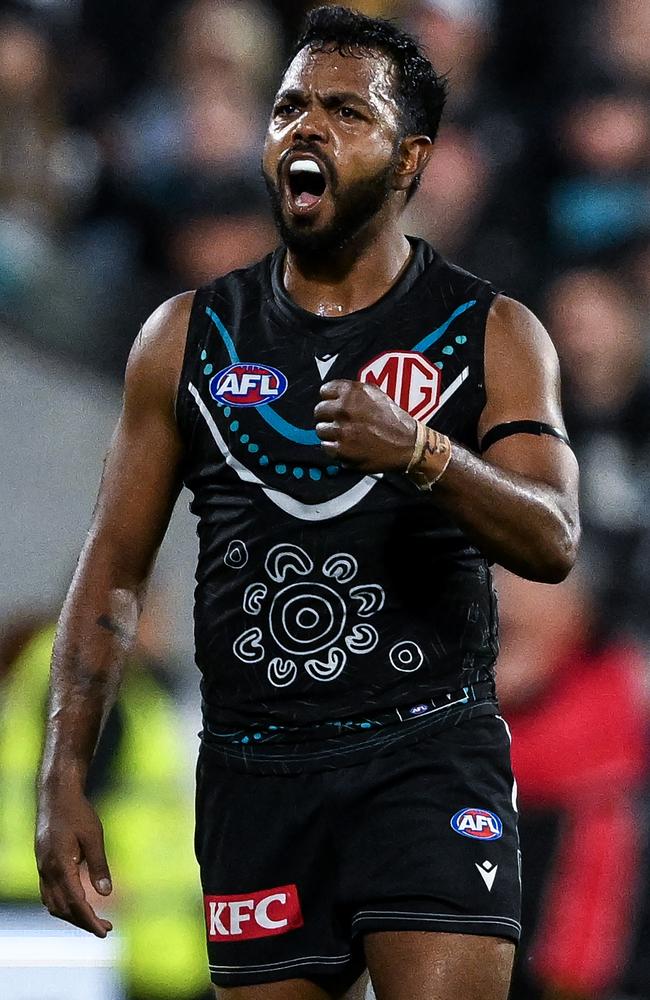 Willie Rioli of the Power celebrates a goal in Round 10 against the Hawks. Picture: Mark Brake/Getty Images.