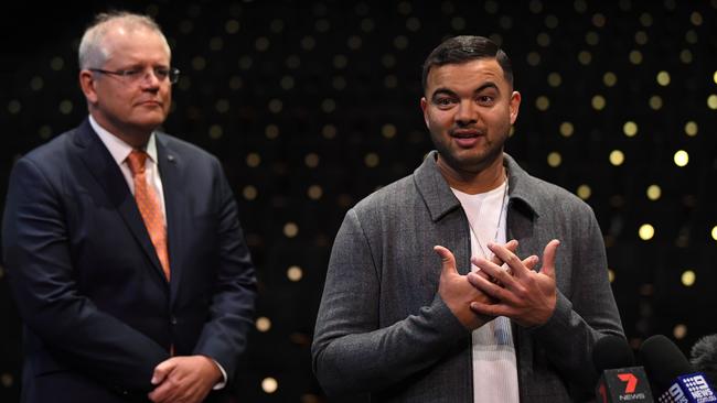 Scott Morrison and singer Guy Sebastian speak to the media in the Sydney. Picture: AAP