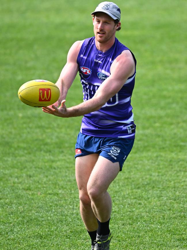 Geelong’s Jed Bews pictured during Monday’s training session ahead of a preliminary final against Brisbane. Picture: Quinn Rooney/Getty Images