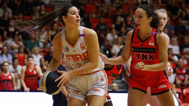 Alex Fowler of the Fire looks to pass during game one of the WNBL Semi Final series between Perth Lynx and Townsville Fire at Bendat Basketball Stadium, on February 22, 2025, in Perth, Australia. (Photo by James Worsfold/Getty Images)