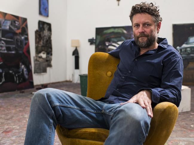 EMBARGO FOR TWAM, 23 NOVEMBER 2024. FEE MAY APPLY. Australian artist Ben Quilty in his studio in the NSW Southern Highlands town of Mittagong. Quilty was photographed in the lead-up to 20 Years, an exhibition celebrating his work over that period at Jan Murphy Gallery, Brisbane, from 19 November to 7 December 2024. Photo: Andrew Quilty / TWAM