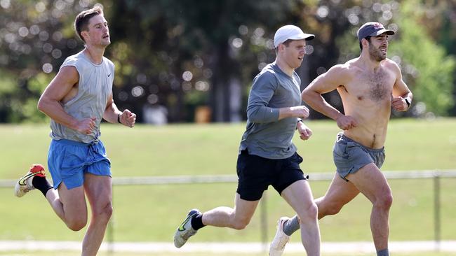 New Demons for the 2023 season, Josh Schache and Lachie Hunter train with Christian Petracca Picture: Michael Klein