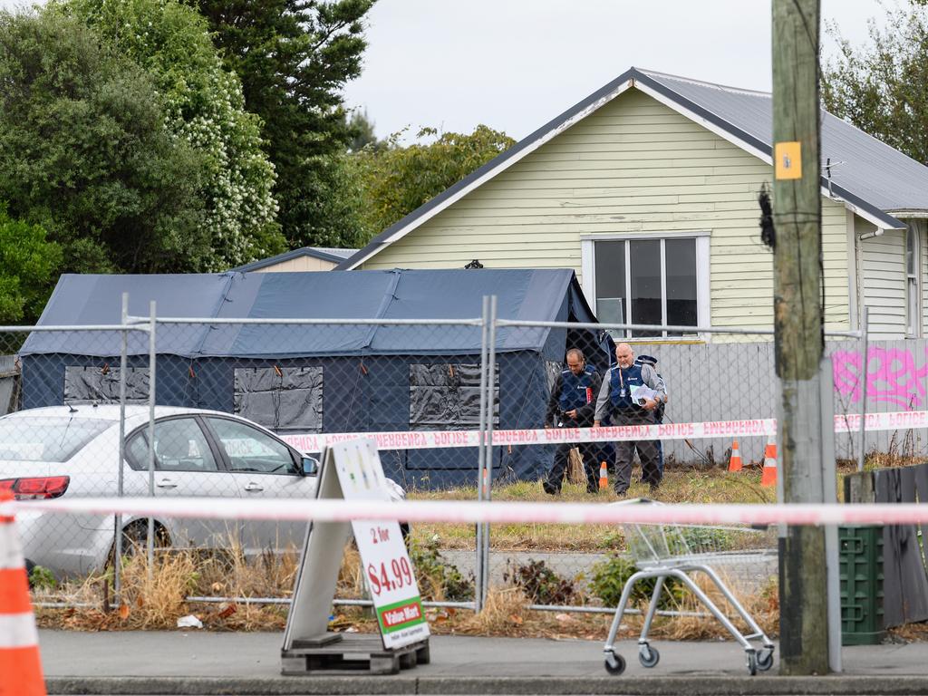 Forensic police officers are seen at Linwood mosque. Picture: Getty