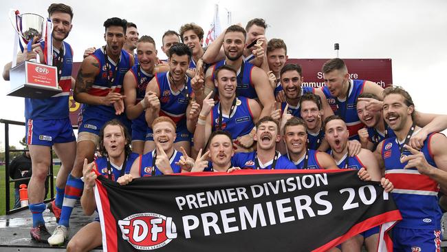 Keilor players celebrate their EDFL Premier Division premiership. Picture: Andy Brownbill