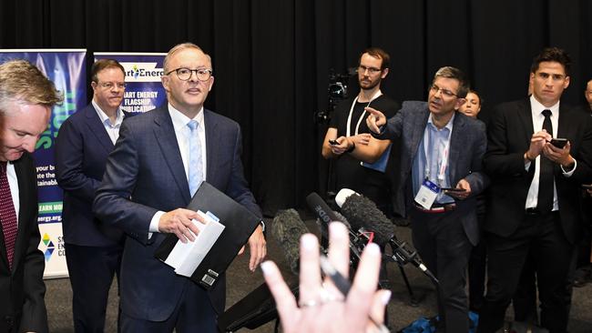 Mr Albanese is grilled by the media. Picture: AAP