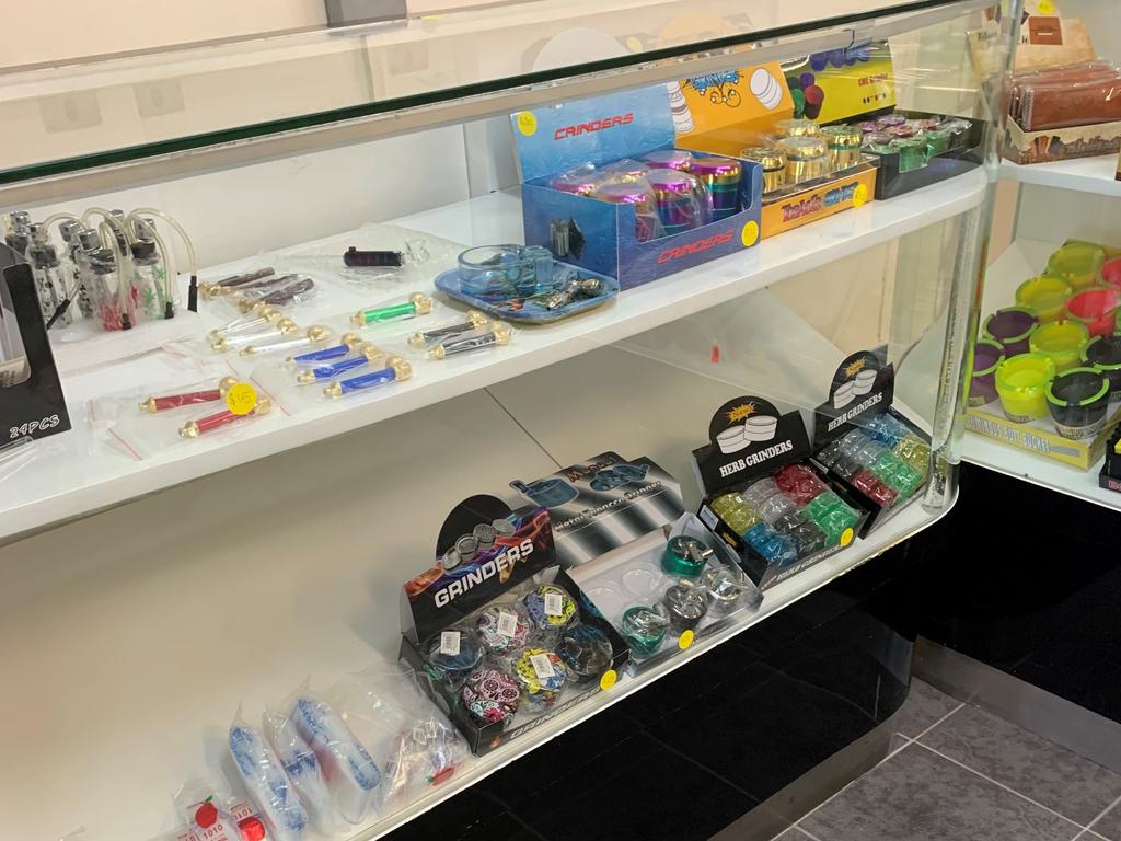 Electric grinders and pipes on display at Rocky Tobacconist