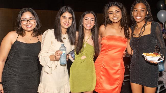 Ananya Sinha, Einas Kazerani, Leah Panday, Medha Dammalapati, Tinovimbanashe Mhiti from Whitsunday Anglican School at the 2022 year Mocktail Dance Party. Picture: Michaela Harlow