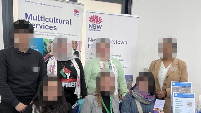 A woman wearing a free Palestine T-shirt is seen on the NSW Health Bankstown Hospital website. Picture: Supplied