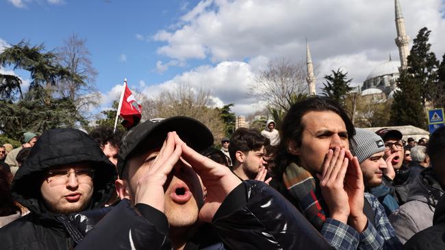 University students gather in front of the municipality headquarters in support of arrested Istanbul Mayor Ekrem Imamoglu. Picture: Getty Images