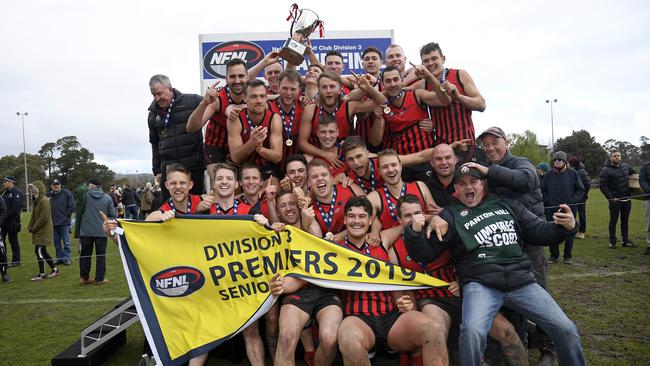 Panton Hill celebrates its Division 3 premiership. Picture: Andy Brownbill