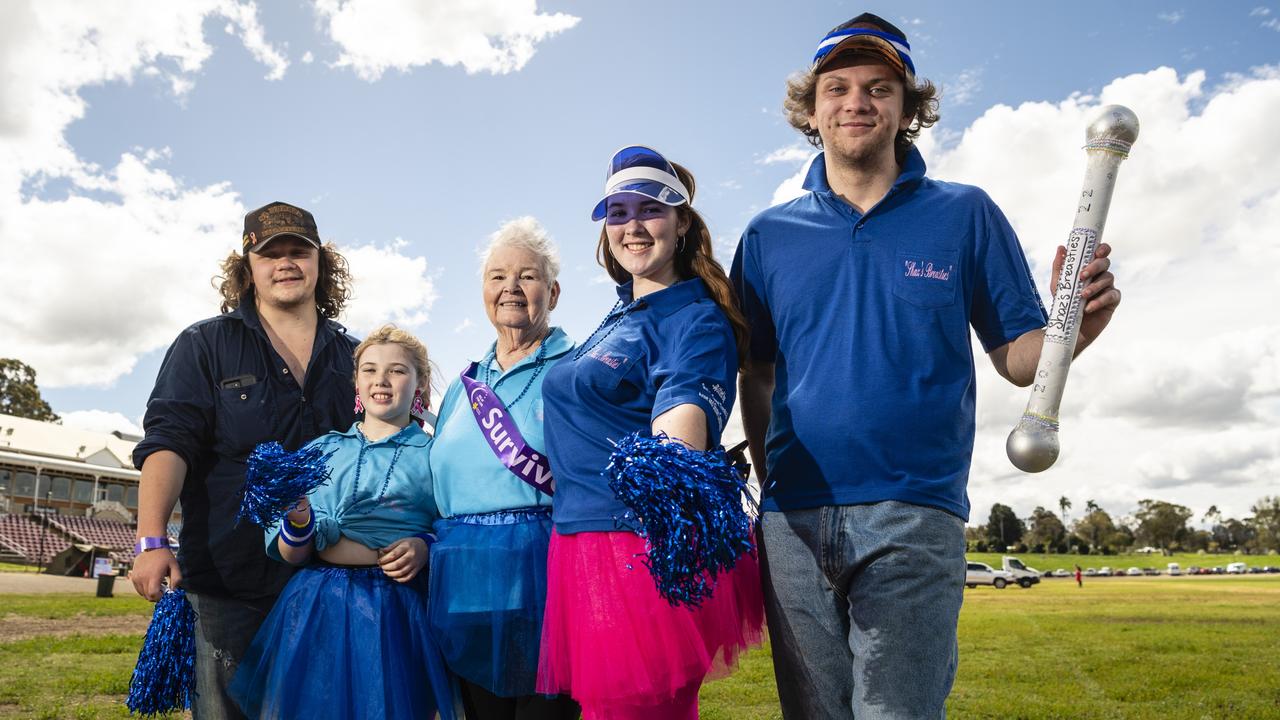 Members of team Shaz's Breasties (from left) Kyle Jessen, Stella Hawke, Joyce Cavanough, Lexie Hawke and Aidan Jessen at Relay for Life at Toowoomba Showgrounds, Saturday, September 10, 2022. Picture: Kevin Farmer