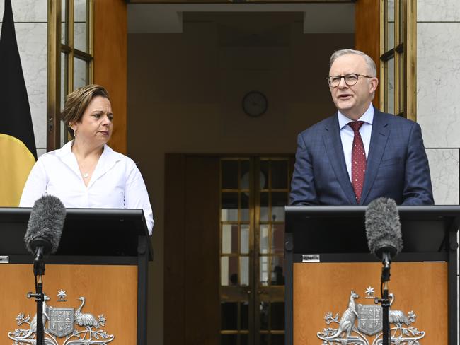 Prime Minister Anthony Albanese and Australia's Communications Minister, Michelle Rowland, hold a press conference at Parliament House in Canberra. Picture: Martin Ollman