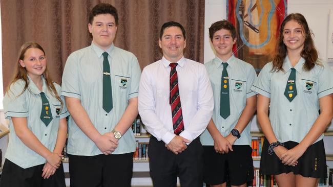 Proserpine State High School principal Don McDermid (centre) with junior student council executive treasurer Olivia Murphy, president Zion Holt, vice-president Reid Ogden and secretary Holly Perrin. The school will soon have extra classrooms with funding allocated in the 2021-22 state budget.