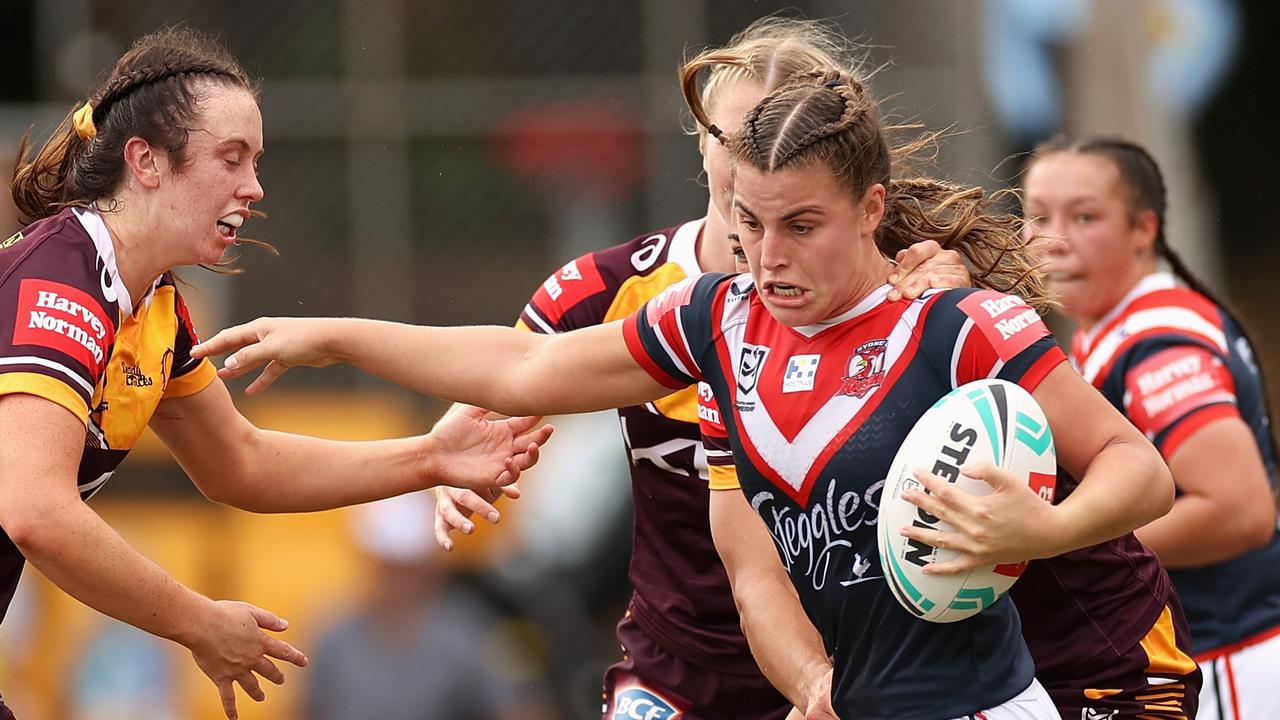 SYDNEY, AUSTRALIA – APRIL 03: Jessica Sergis of the Roosters is tackled during the NRLW Semi Final match between the Brisbane Broncos and the Sydney Roosters at Leichhardt Oval, on April 03, 2022, in Sydney, Australia. (Photo by Cameron Spencer/Getty Images)